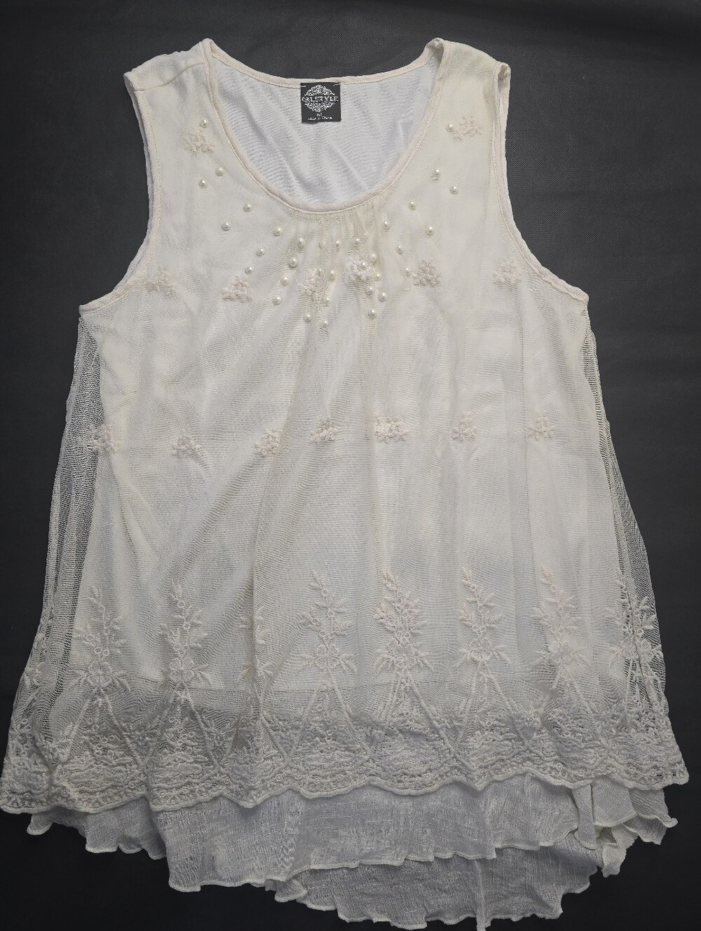 Cal Style Sleeveless Tunic Top Embroidered Ivory Pearl Beaded Cottage Fairy Boho